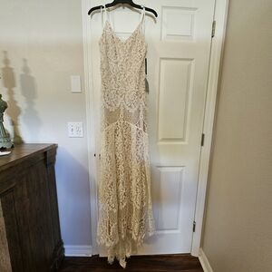 Ivory Lace Maxi Dress with Fringe Details